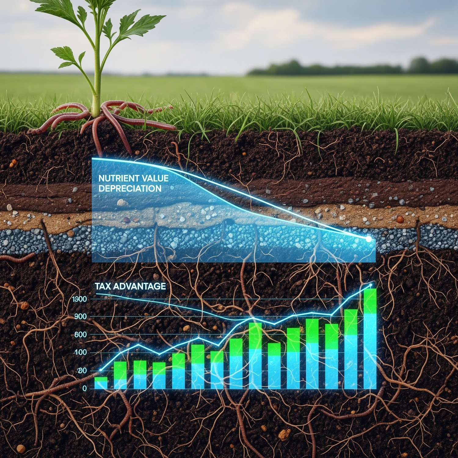 Close-up visual of fertile, dark soil with a green sprout, illustrating soil nutrient depreciation as a hidden tax deduction opportunity for farmland and grassland owners.